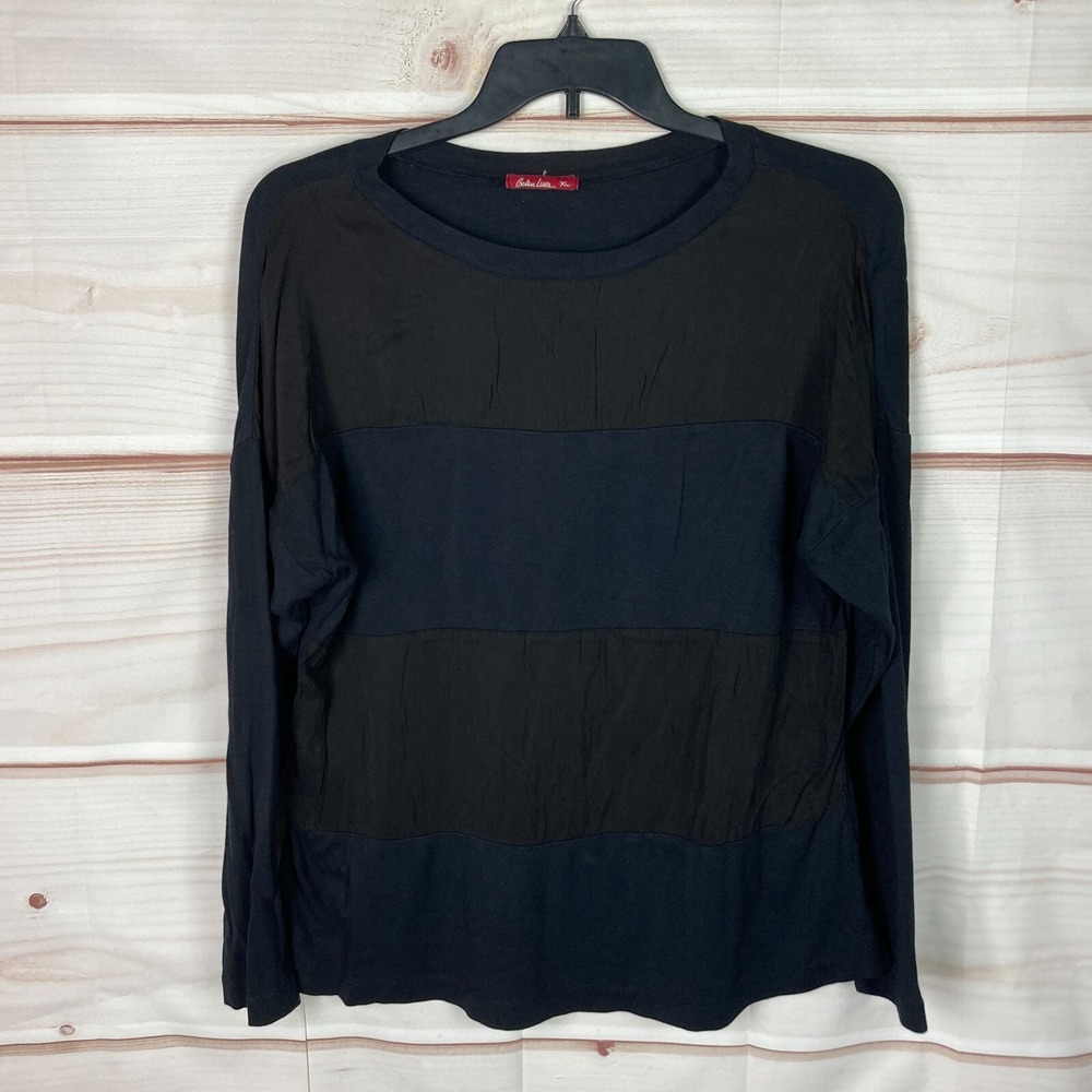 Barbara Lesser‎ Top Womens XL Black Long Sleeve T-Shirt Knit Woven Panel Solid